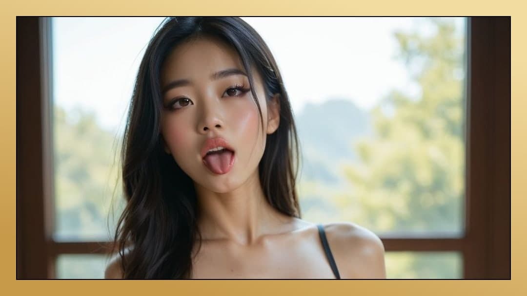 Raven hair tongue out selfie