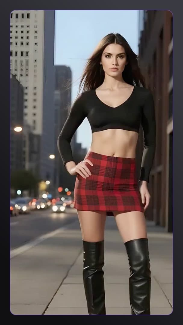 Plaid skirt sidewalk pose at dusk