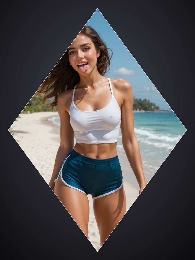 Young athletic brunette on sunny beach