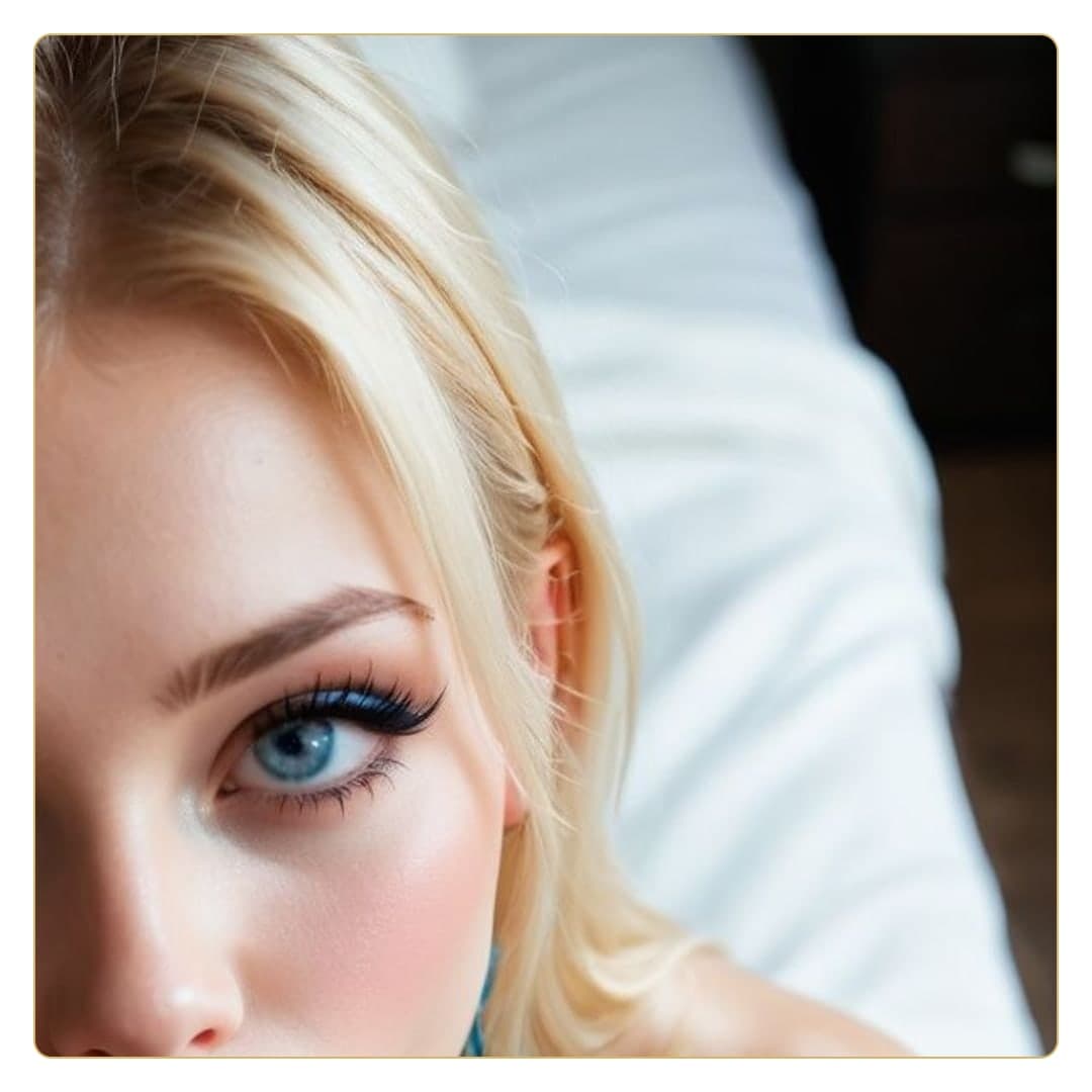 Blue eyed blonde bed headshot