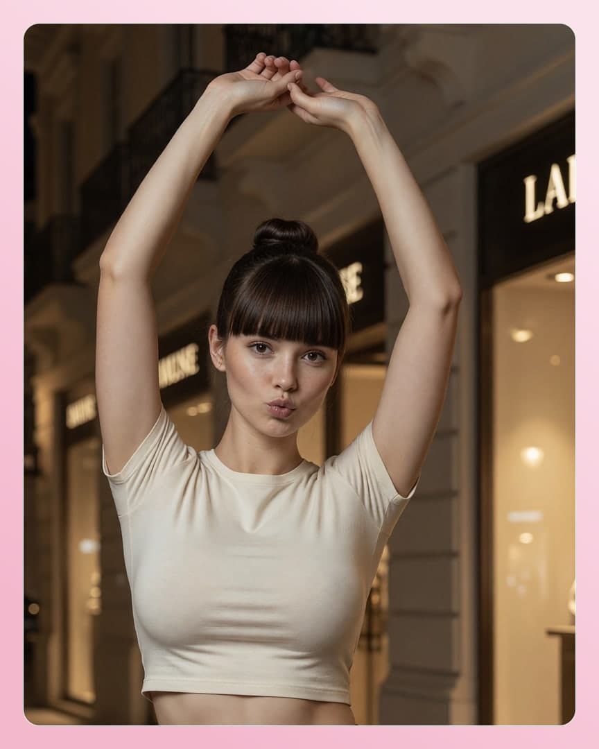 Slim brunette underboob crop top stretch
