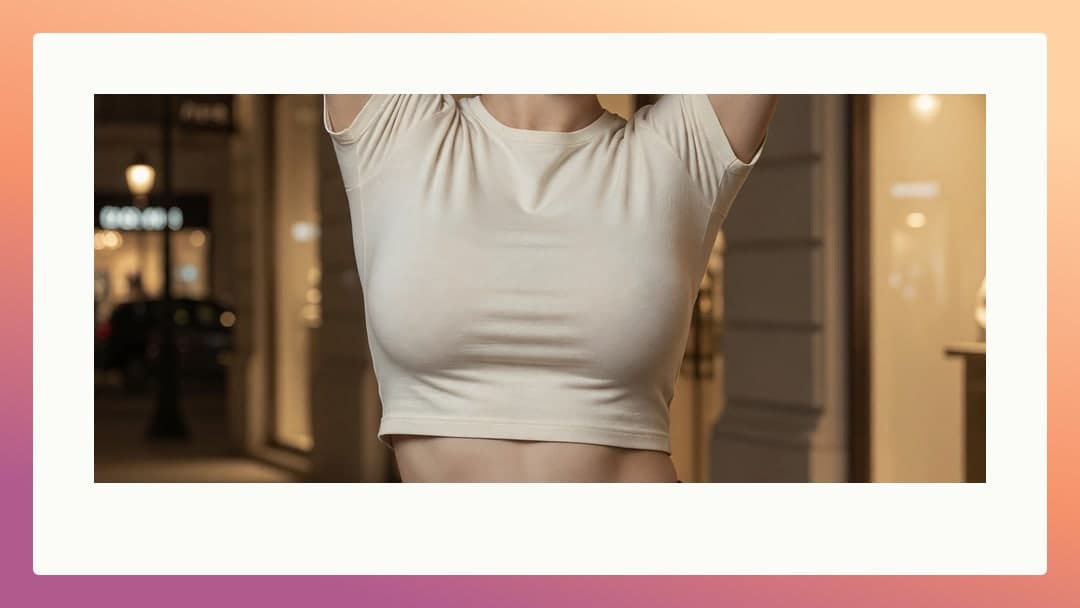 Brunette lifting crop top indoors