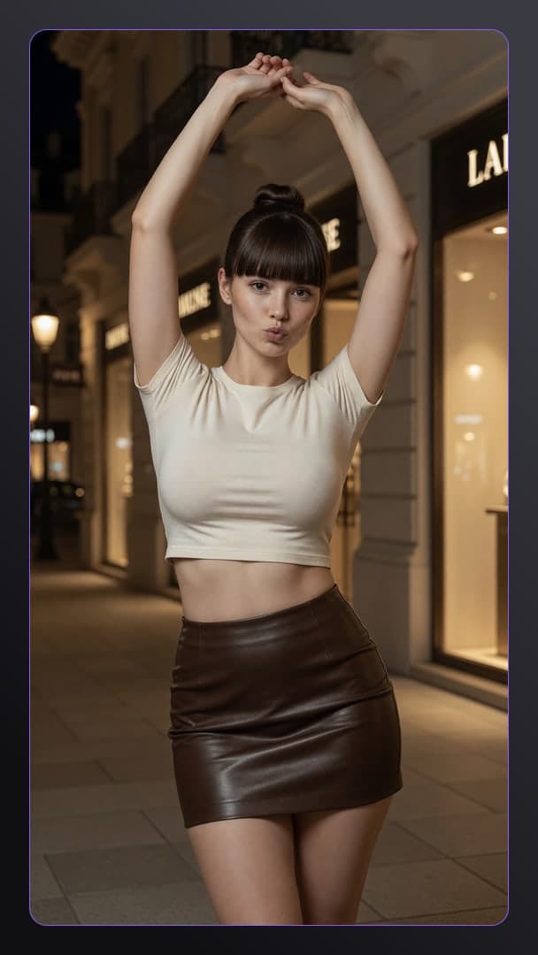 Brunette city night kiss pose