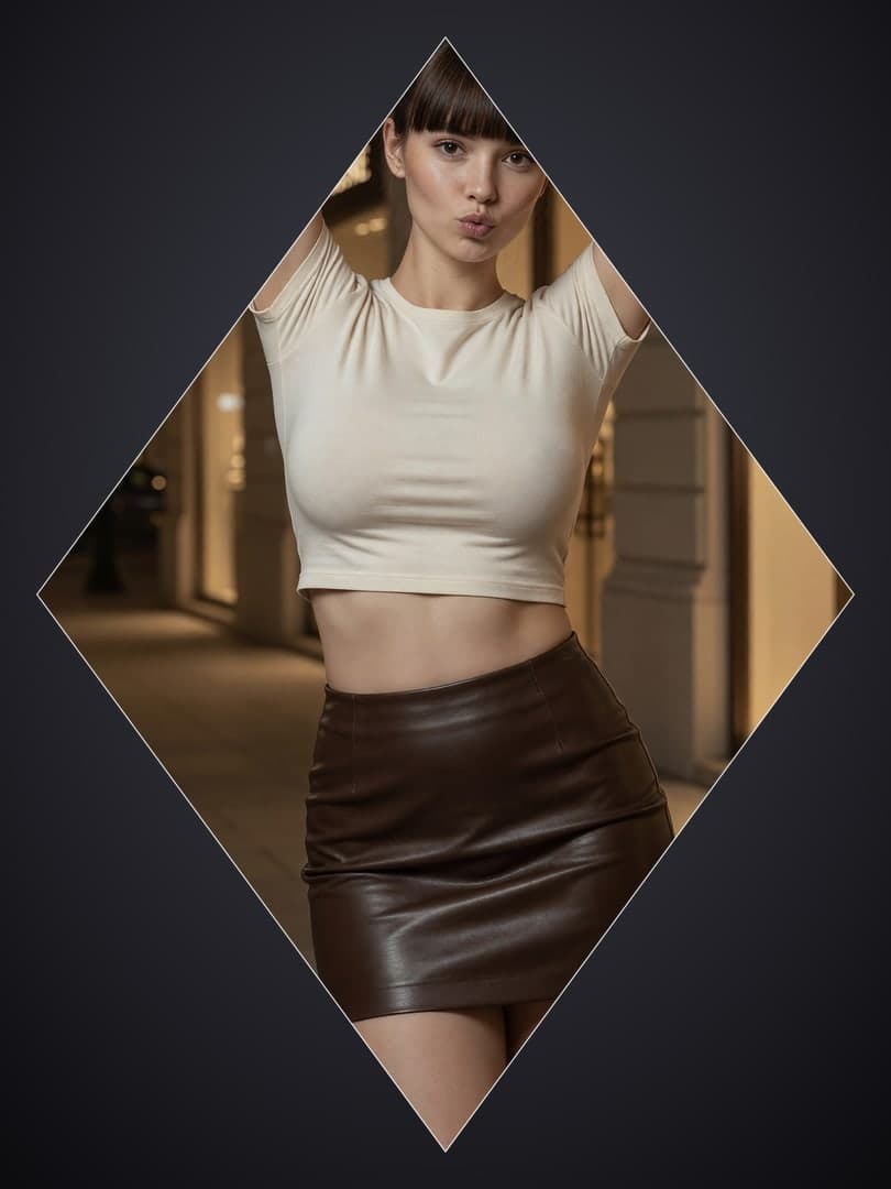 Brunette leather skirt kiss pose hallway