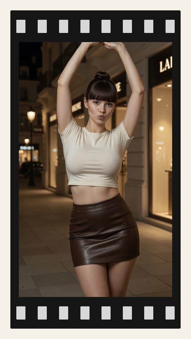 Brunette crop top city sidewalk night