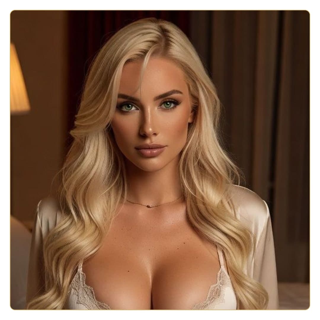 Blonde cleavage close-up in satin robe