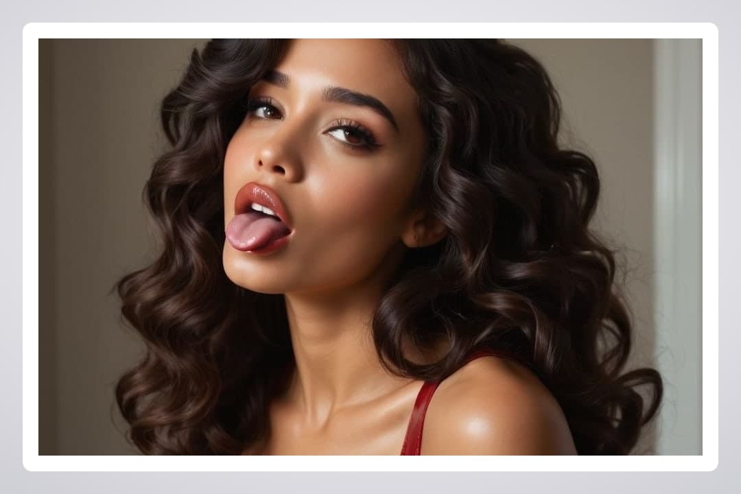 Long wavy brunette tongue out portrait
