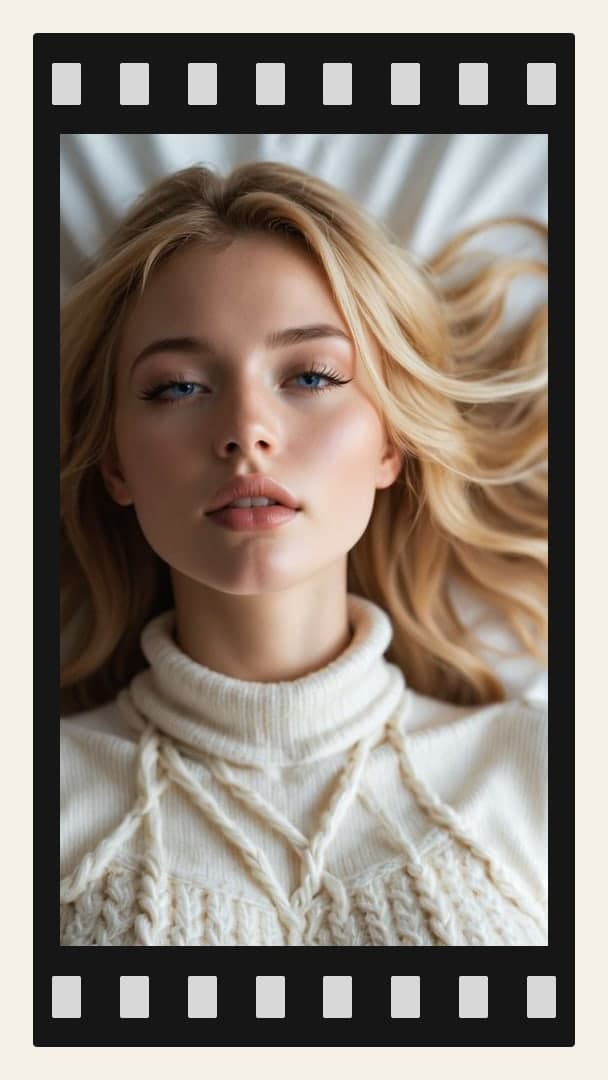 Blonde in cream turtleneck on bed