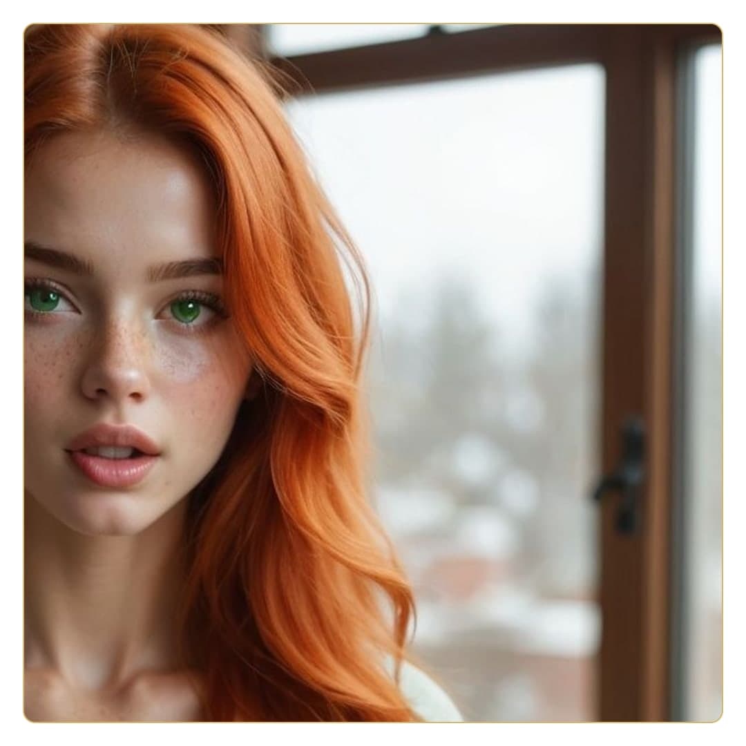 Topless redhead close-up by window