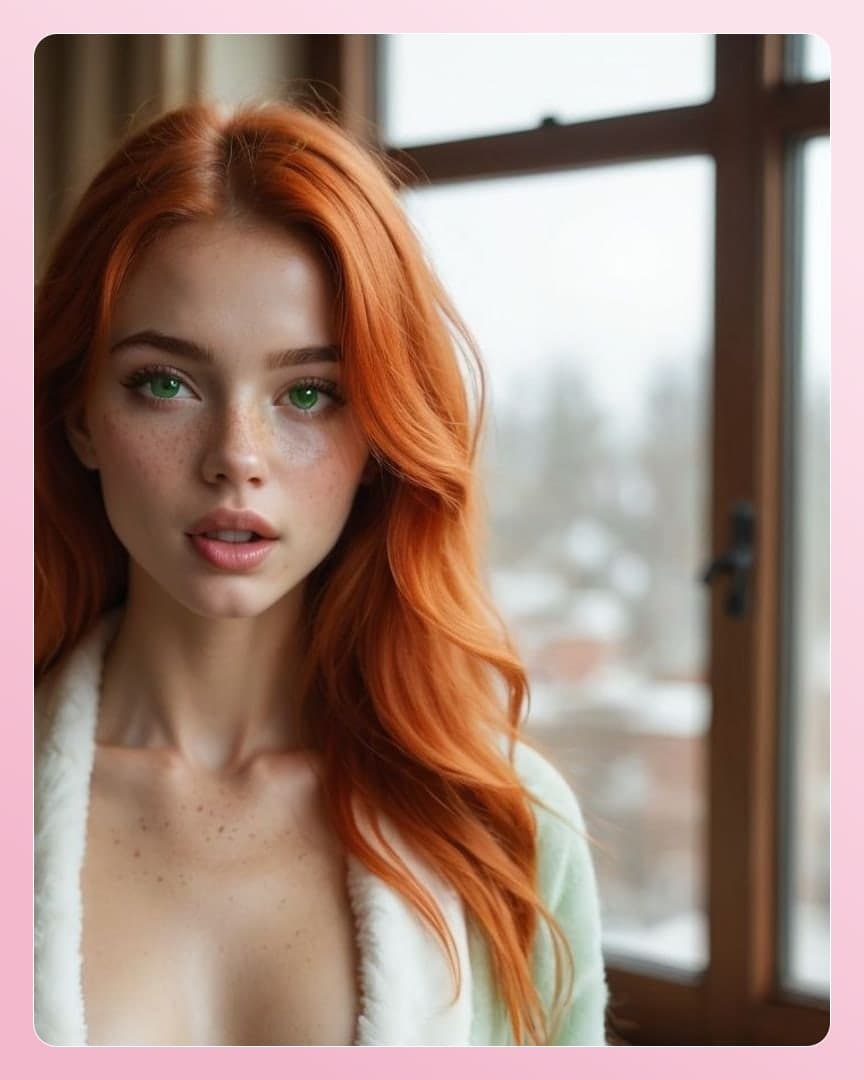 Redhead robe open waist-up portrait