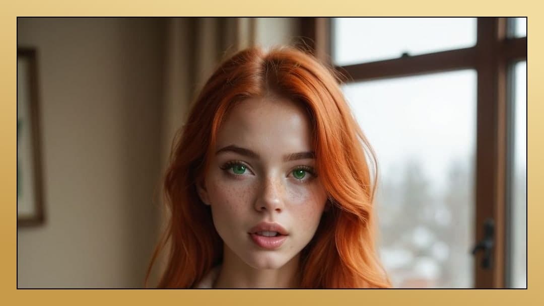 Redhead green eyes window portrait
