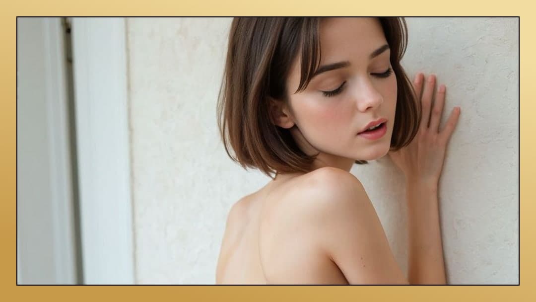 Topless profile against textured wall