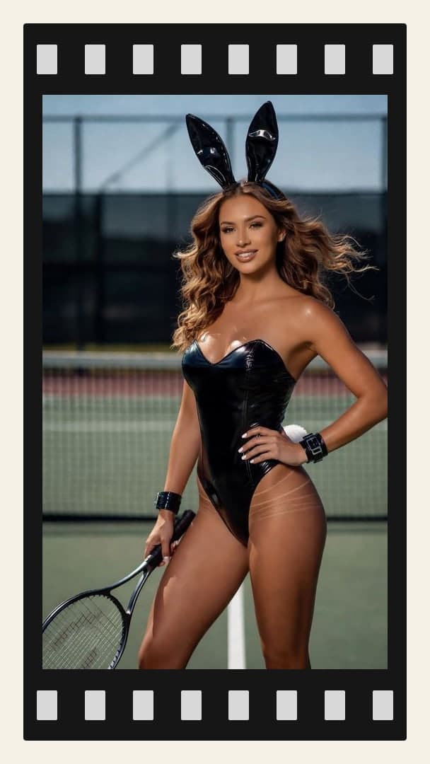 Bunny bodysuit tennis court pose