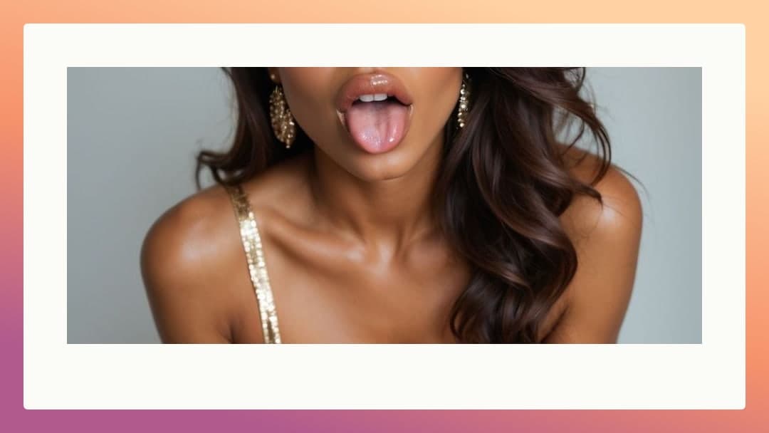 Tongue out close-up with gold sequin