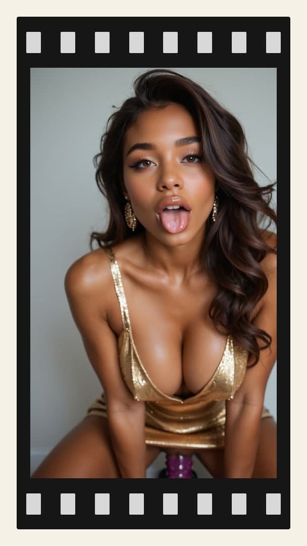 Brunette ahegao with gold dress