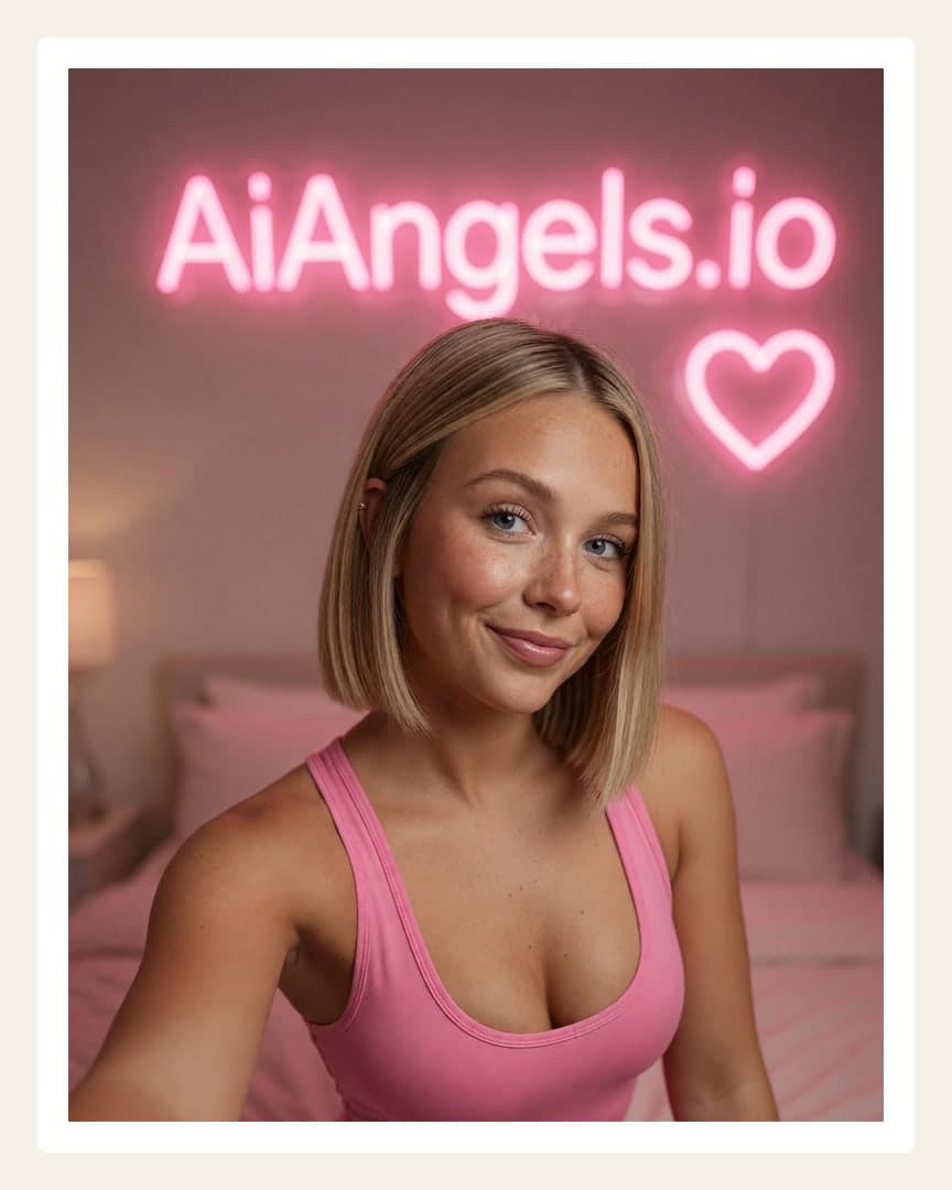 Blonde selfie in pink bedroom