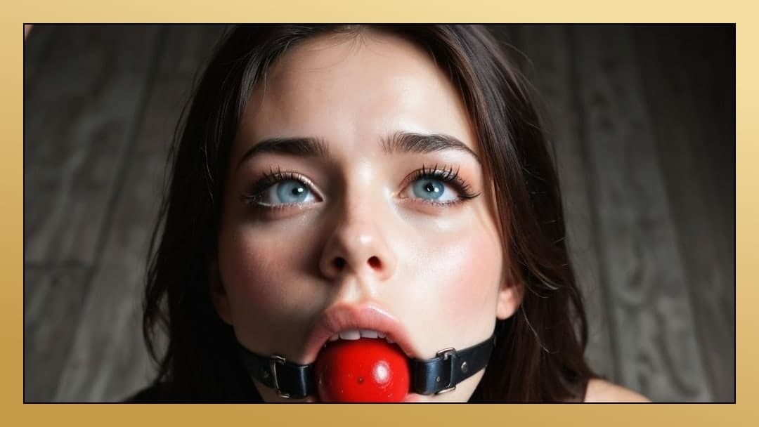 Ball gag close-up in bedroom