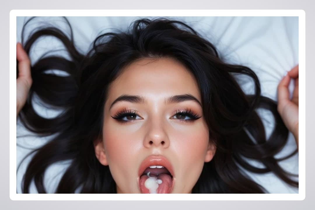Cum on tongue in bedroom closeup