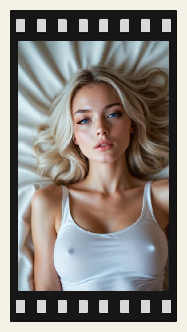 Young adult blonde on white sheets