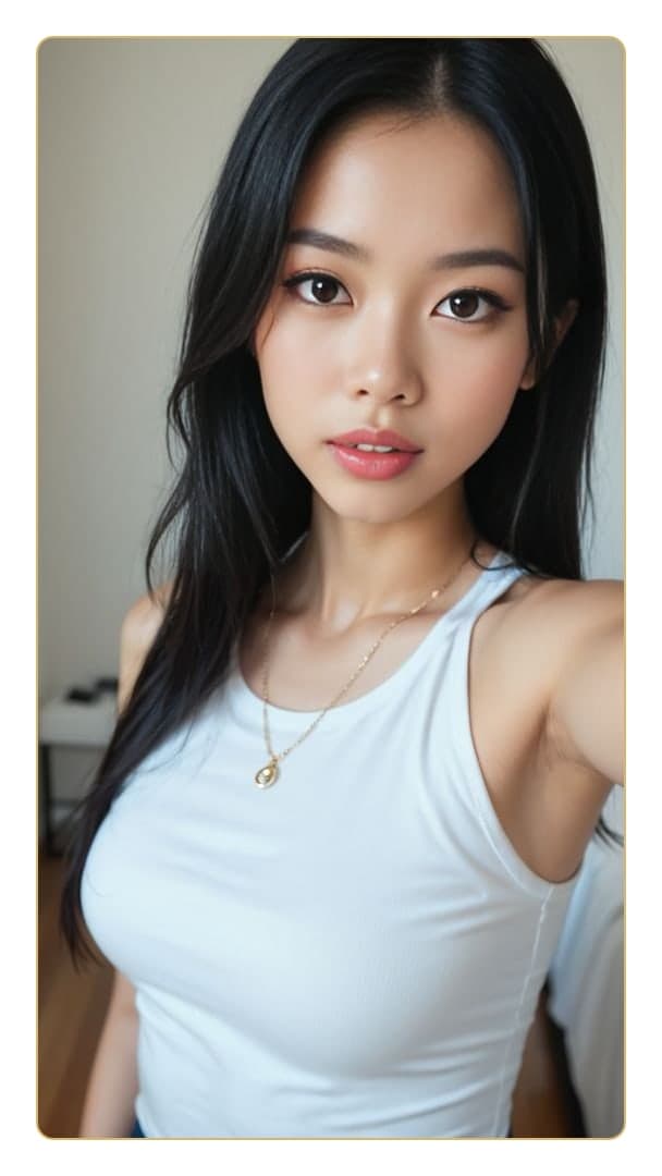 Cleavage selfie in white tank top