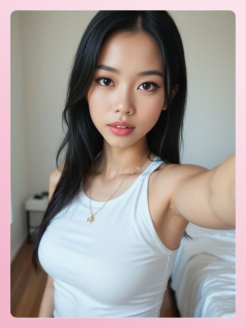 Long black hair selfie in bed