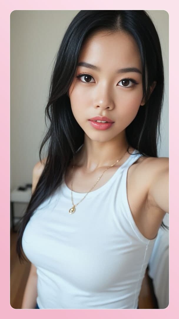 Raven hair selfie in white tank