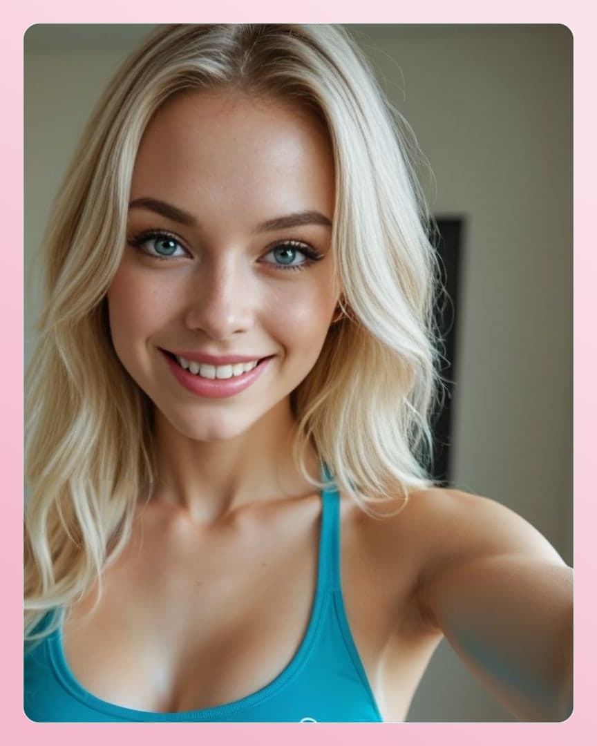 College blonde selfie in teal tank