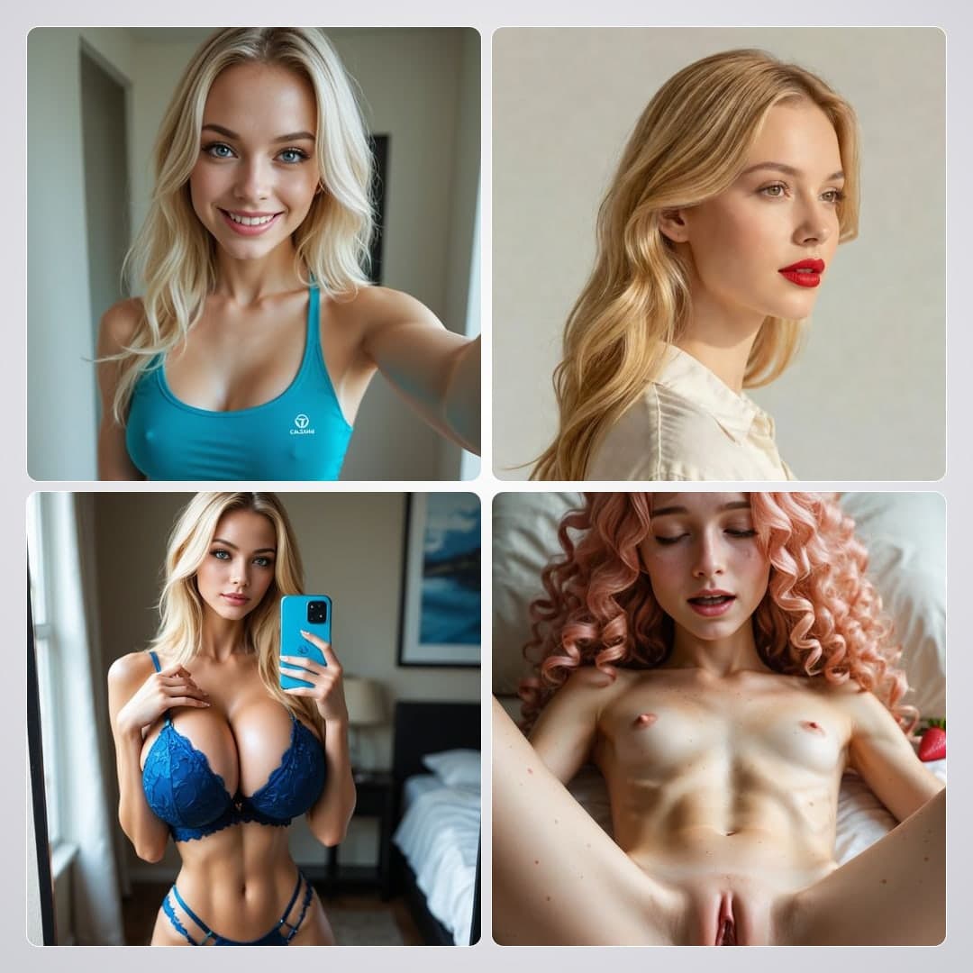 Blonde in teal tank top bedroom selfie