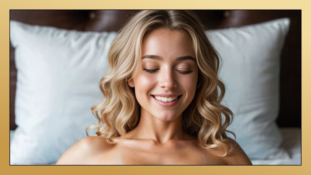 Long wavy blonde smiling in bed