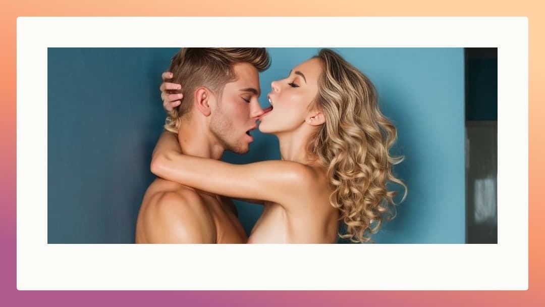 Topless blonde kissing muscular man