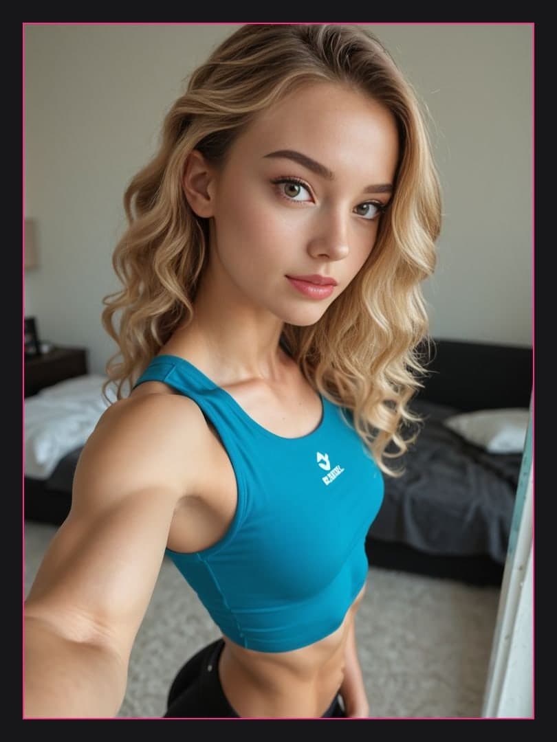 Wavy blonde selfie in teal sports bra