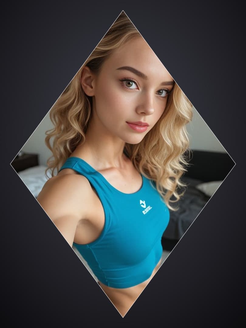 Athletic blonde crop top bedroom selfie