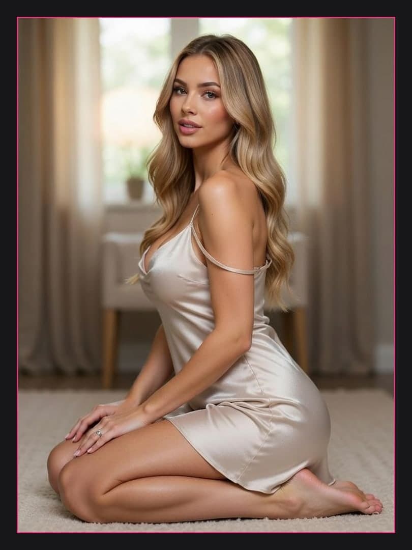 Blonde satin slip dress over shoulder