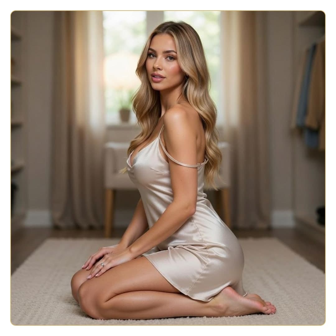 Curvy blonde cleavage satin slip