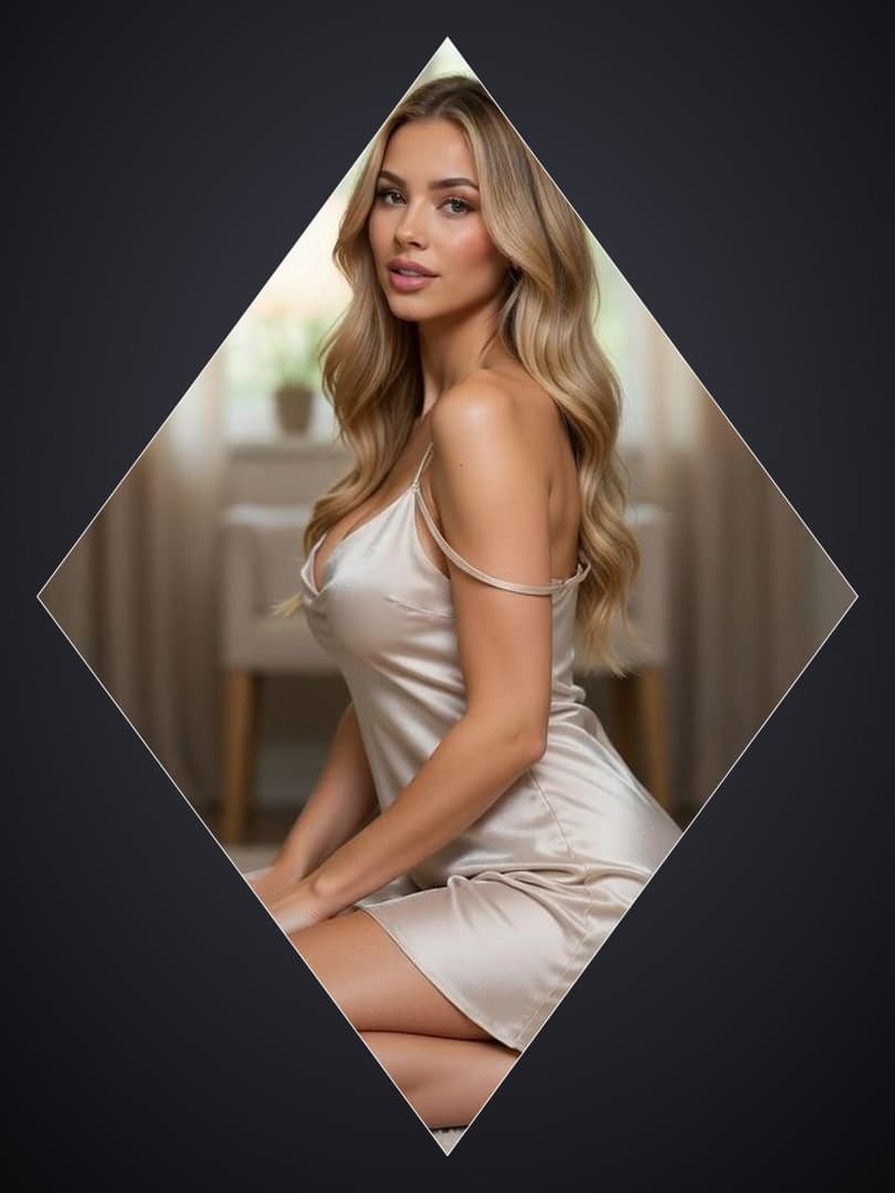 Curvy blonde satin slip floor pose
