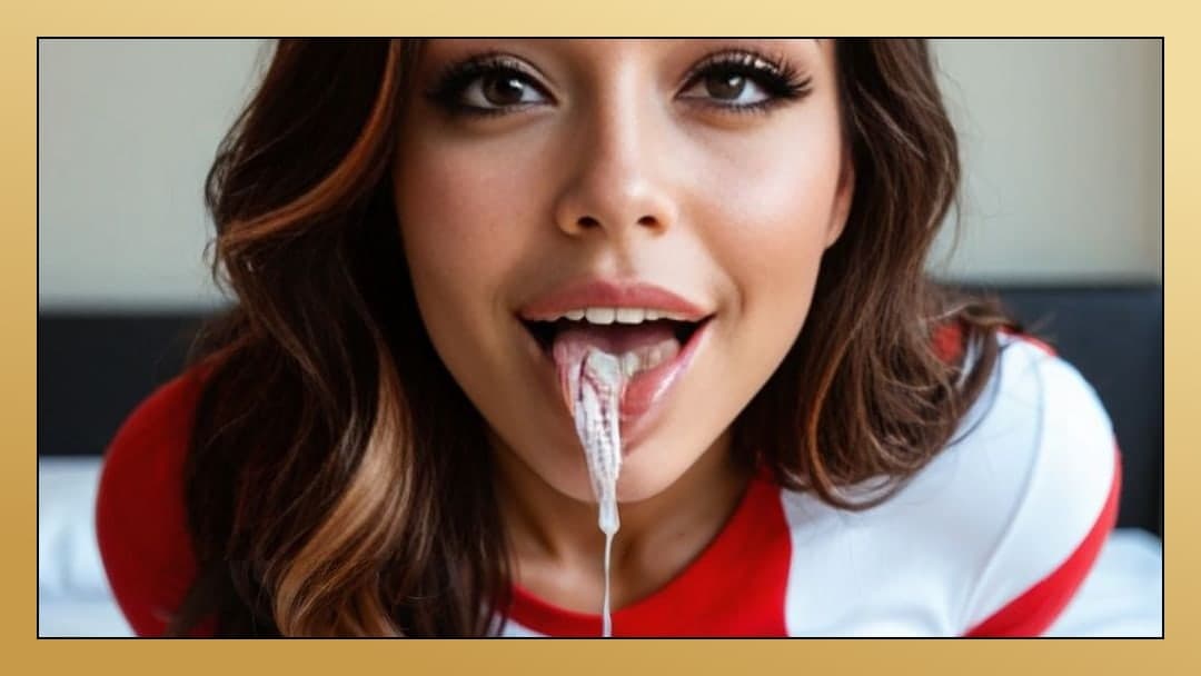 Cum on tongue in bedroom close-up