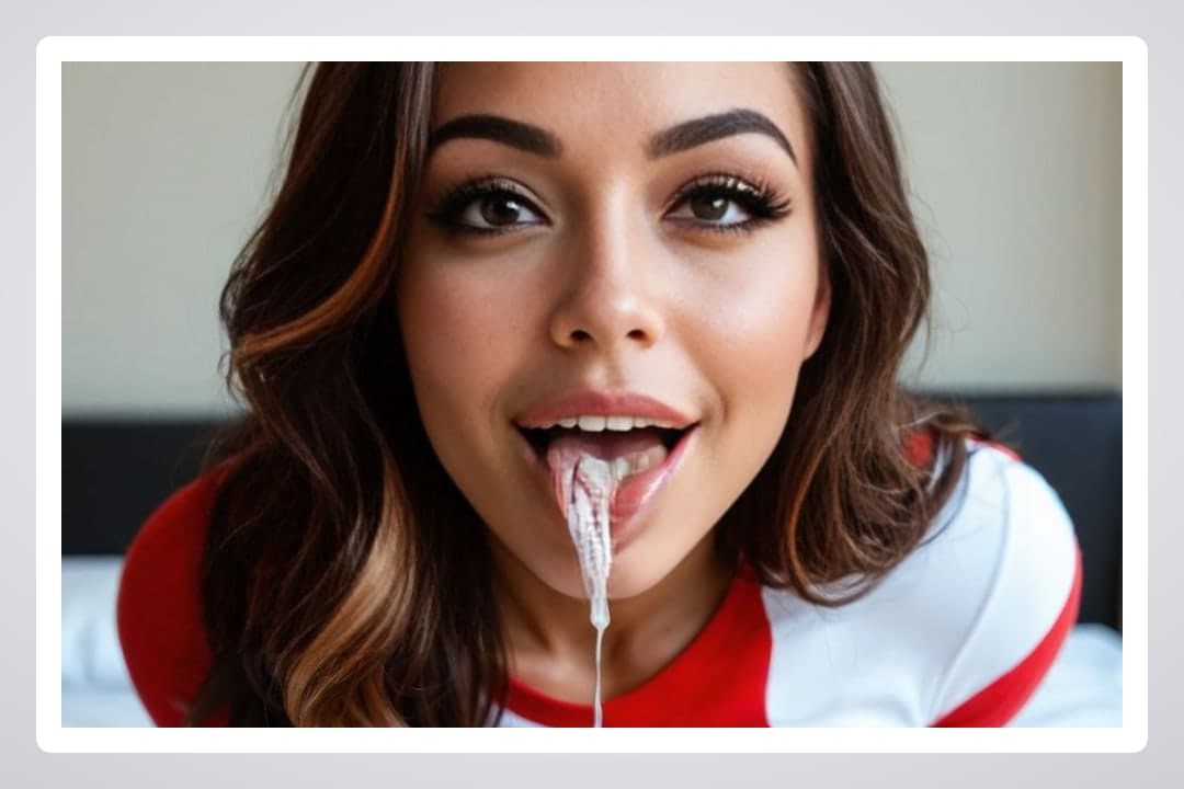 Wavy brunette cum on tongue close-up