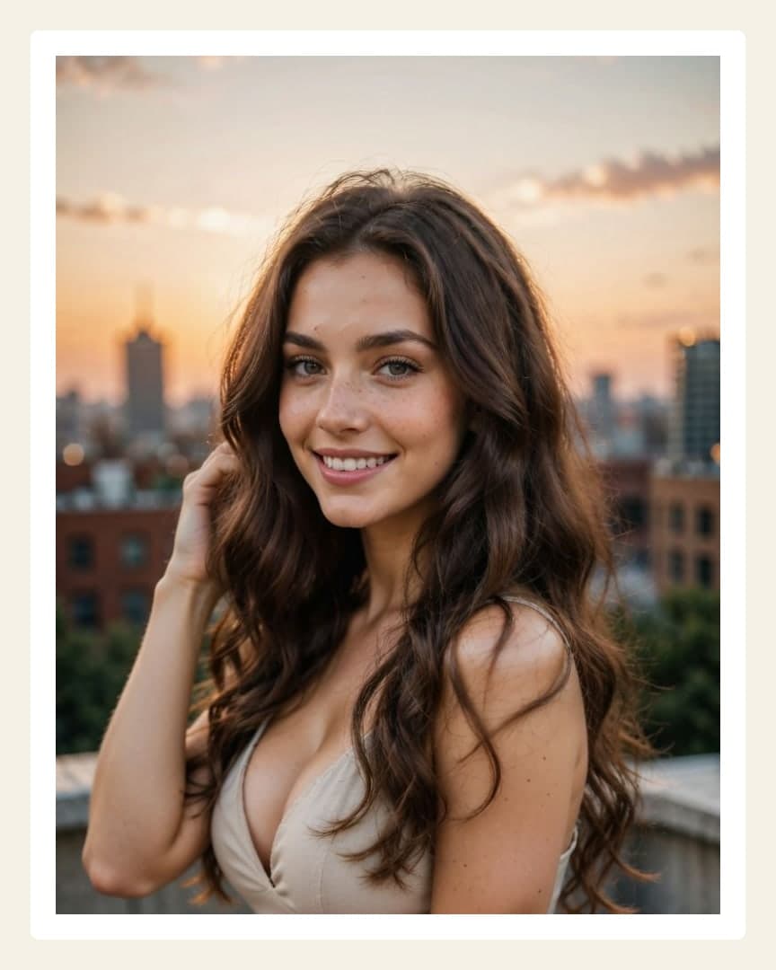 Athletic brunette cleavage on rooftop