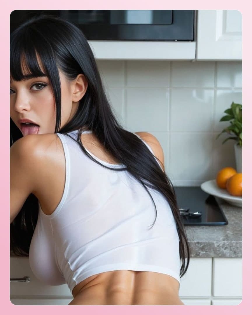 Kitchen crop top tongue out tease