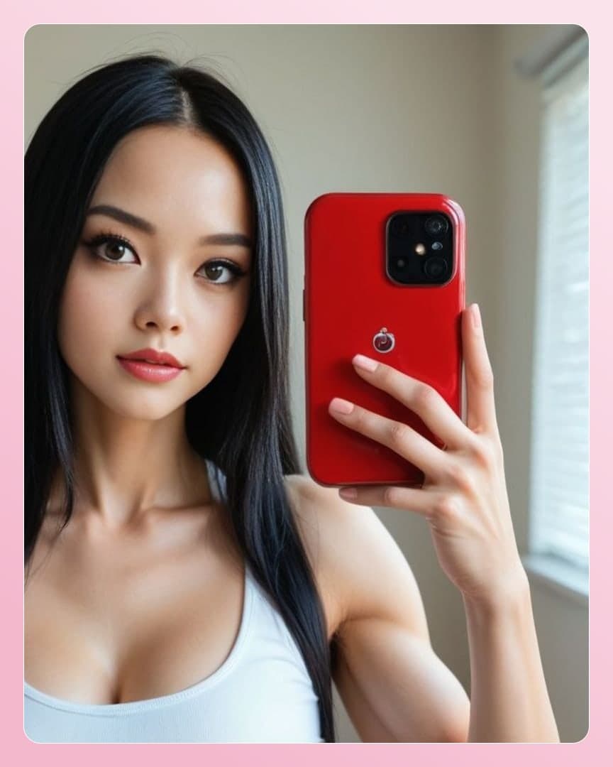 Raven hair selfie in white tank