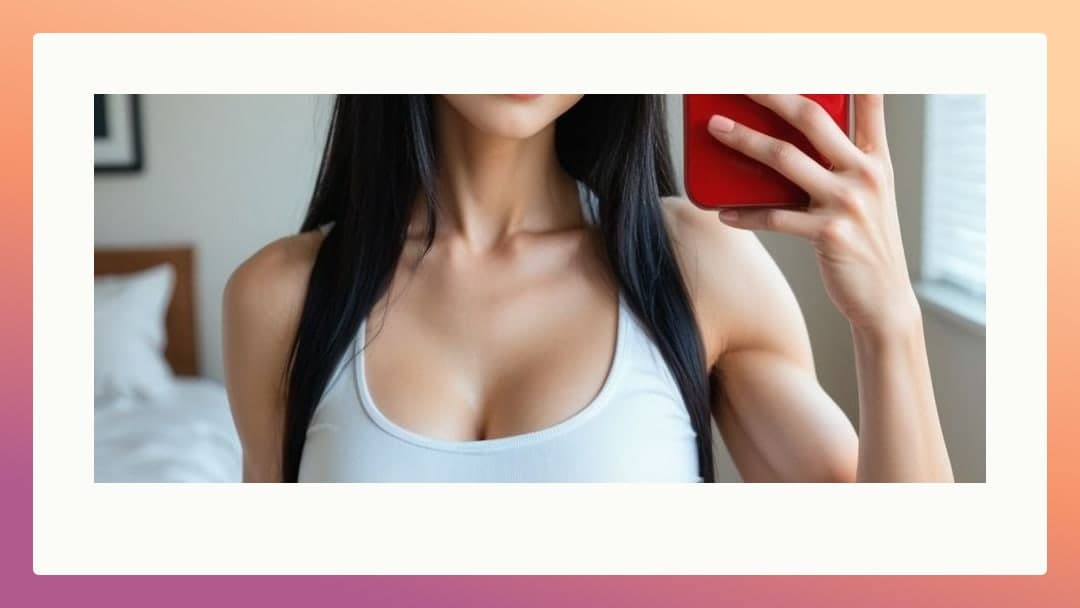 Selfie cleavage in bedroom tank