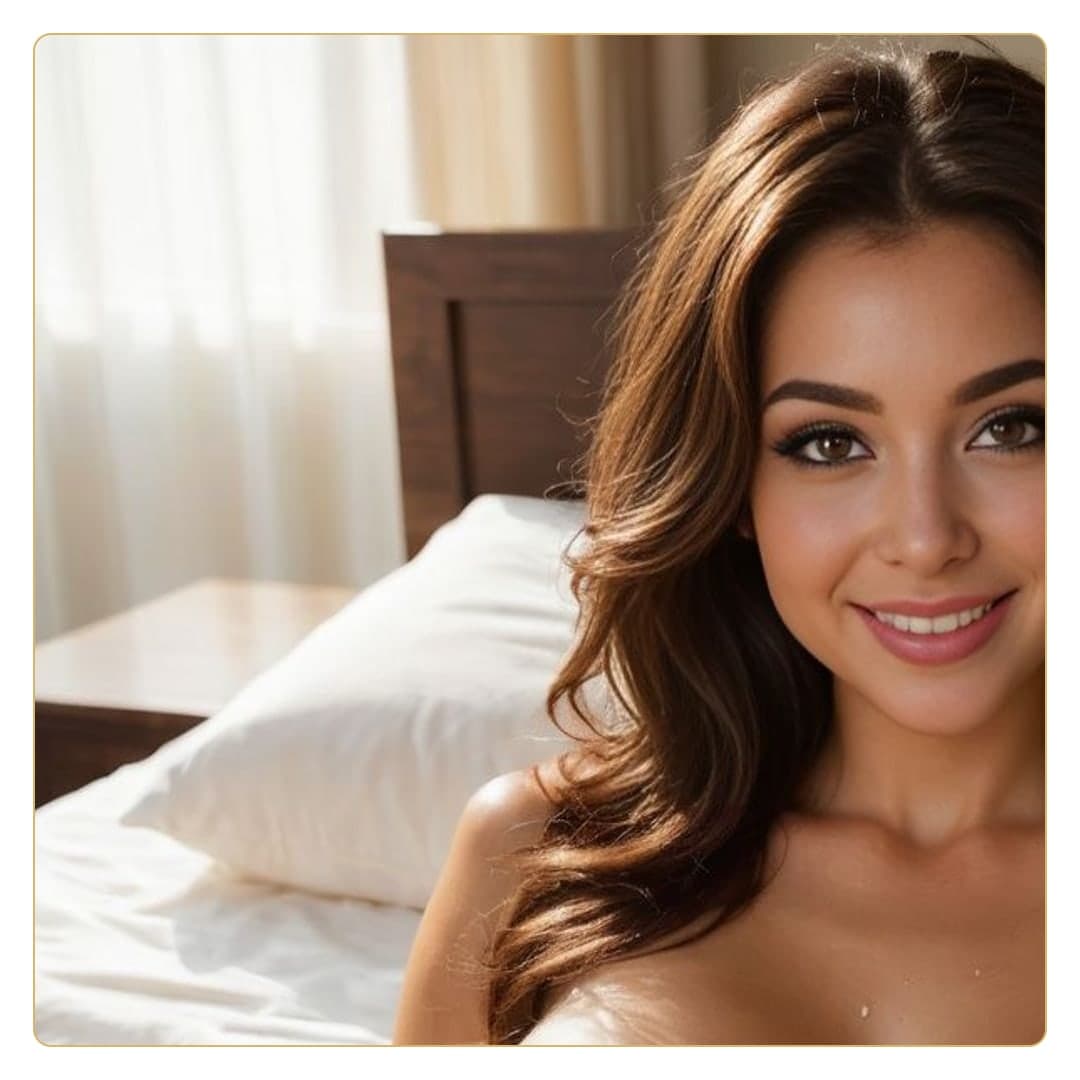 Close-up topless bedroom smile