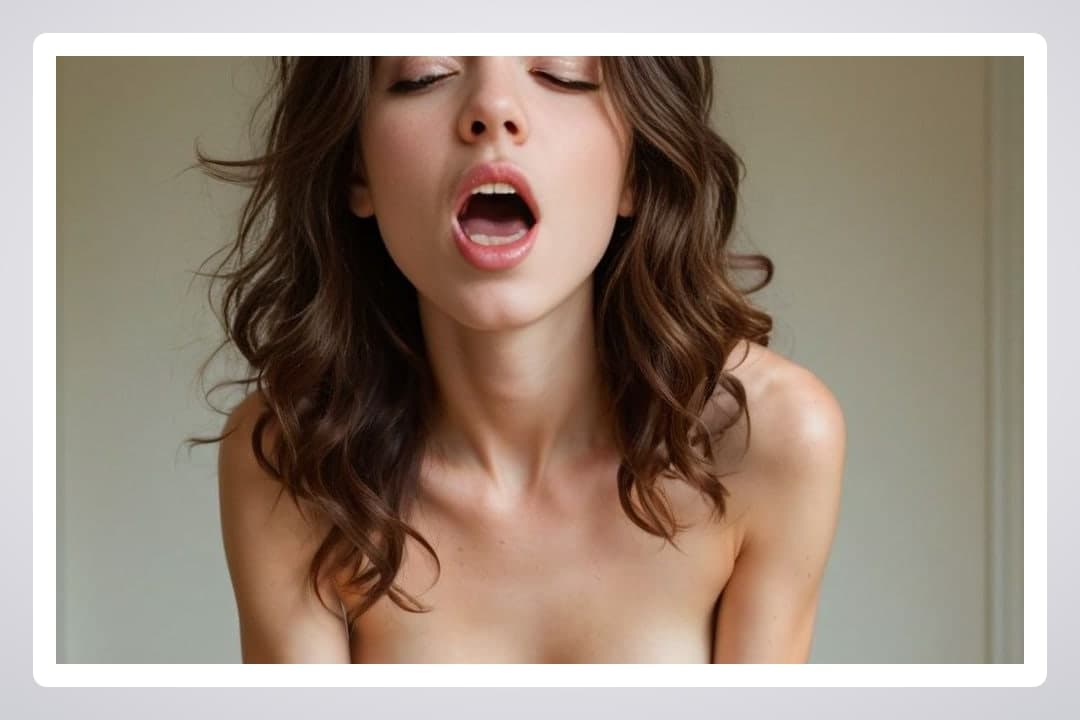 Curvy brunette topless ahegao close-up