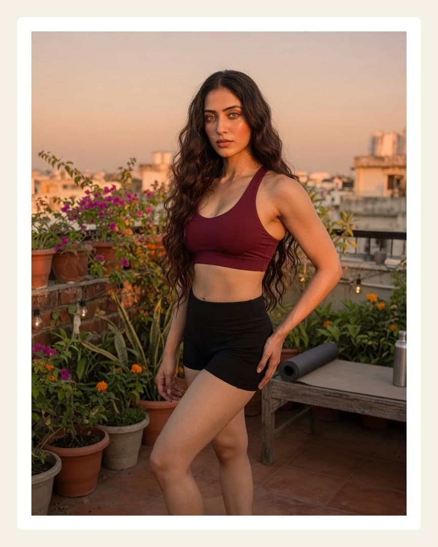 Rooftop sunset sports bra pose