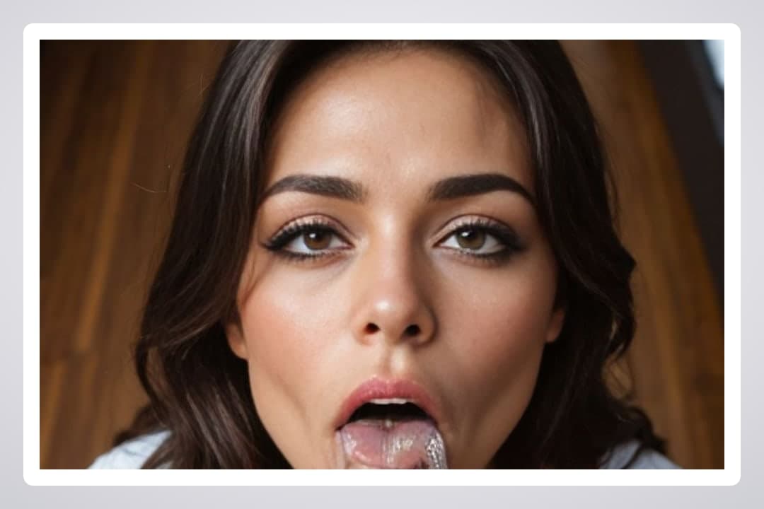 Brunette tongue out cum close-up
