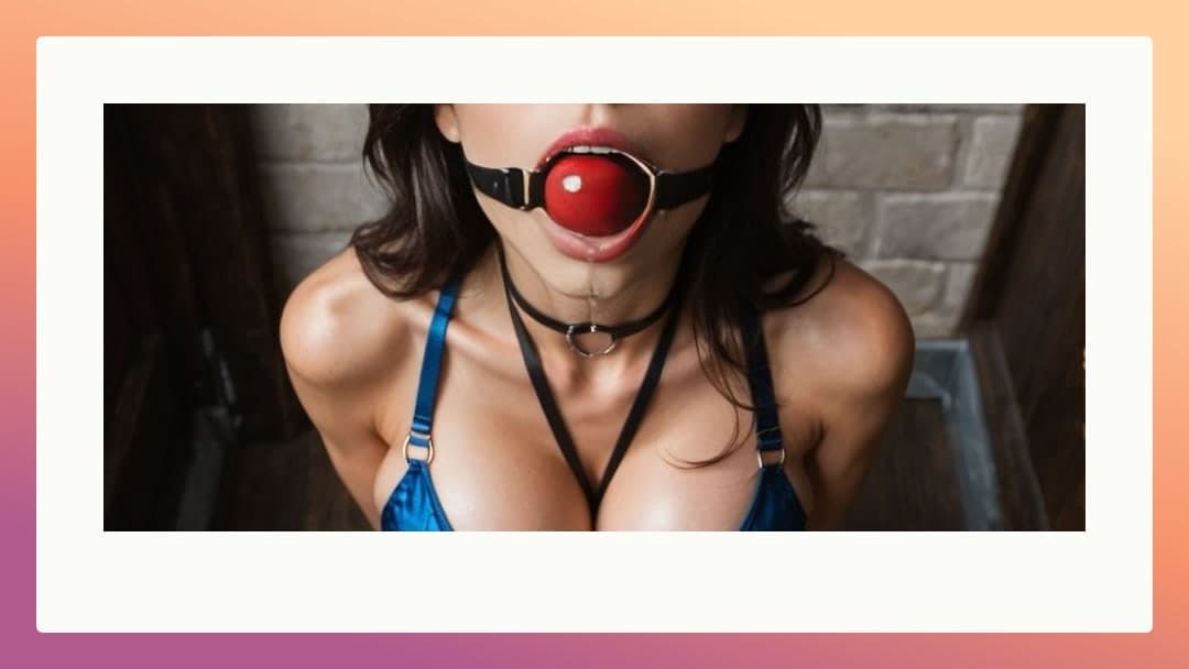 Red ball gag close-up in satin bra