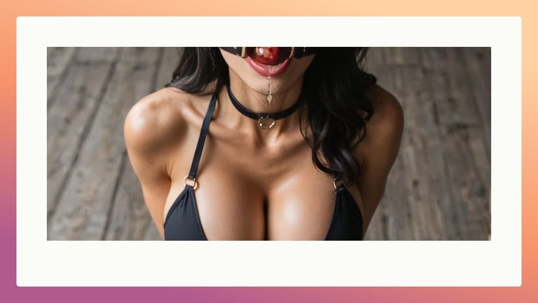 Ball gag drool on cleavage