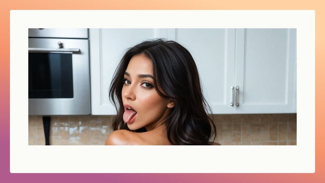 Topless selfie in bright kitchen