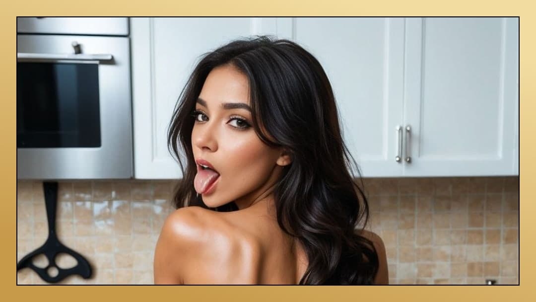 Topless in kitchen tongue out
