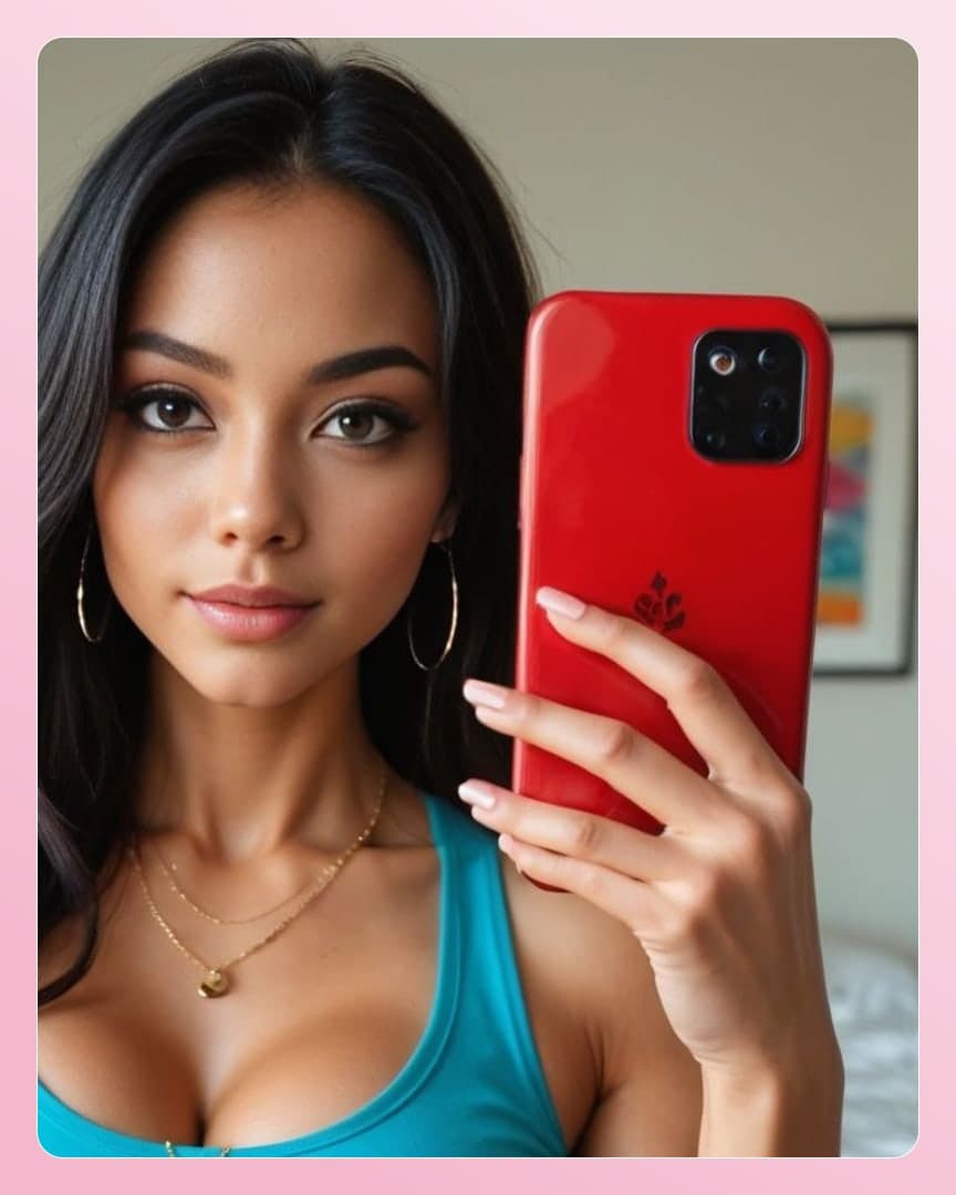 Cleavage selfie in teal tank